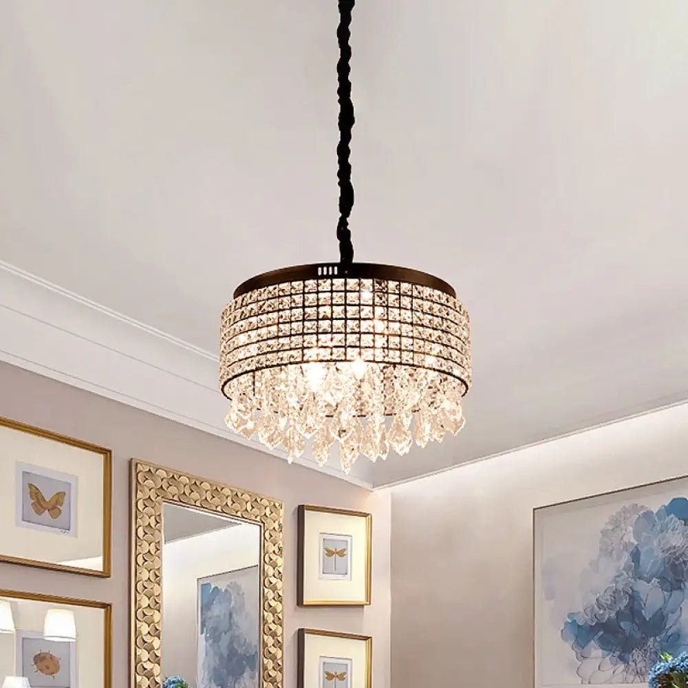 Chandeliers with Sputnik - Style Design for a Futuristic VibeChandeliers with Sputnik - Style Design for a Futuristic VibeModernist Black Crystal Drum Chandelier - 5-Light Suspension Lamp with Droplet, Stylishly Encrusted