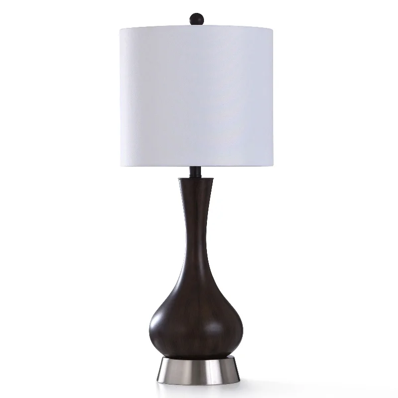 fabric table lamps with a linen shade for a relaxed and breathable lookfabric table lamps with a linen shade for a relaxed and breathable lookStyleCraft Wood Bridge Dark Wood Painted Resin with Brushed Steel Metal Table Lamp